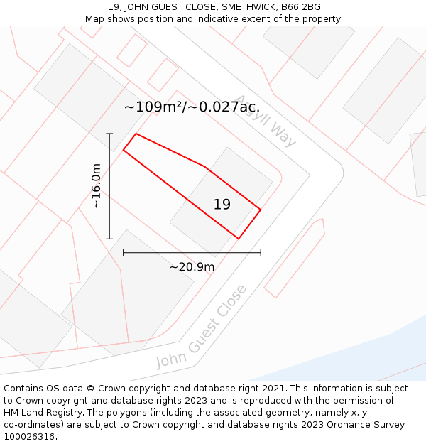 19, JOHN GUEST CLOSE, SMETHWICK, B66 2BG: Plot and title map