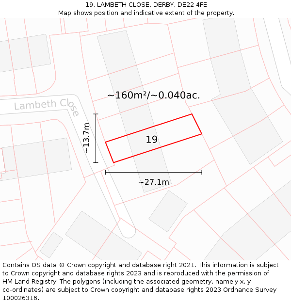 19, LAMBETH CLOSE, DERBY, DE22 4FE: Plot and title map