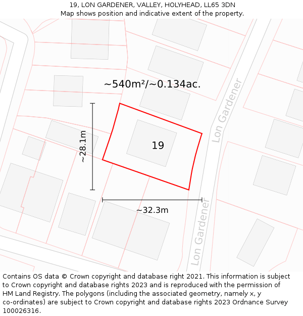 19, LON GARDENER, VALLEY, HOLYHEAD, LL65 3DN: Plot and title map