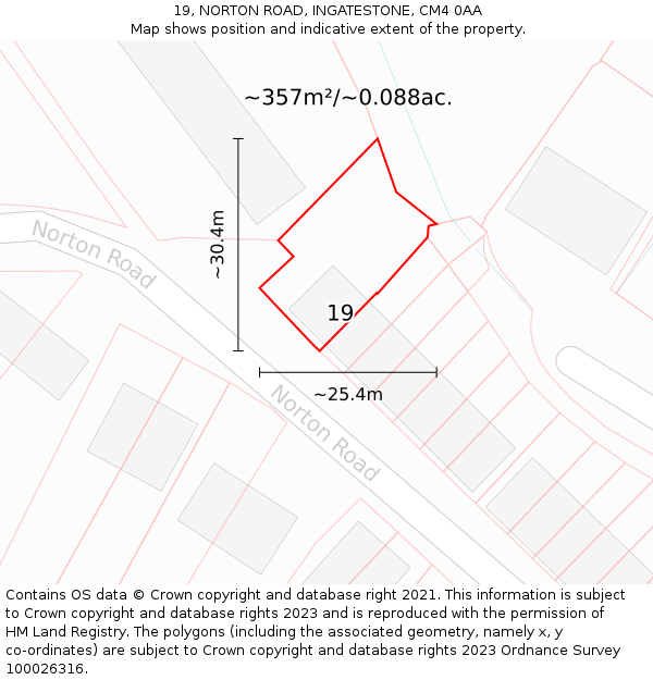 19, NORTON ROAD, INGATESTONE, CM4 0AA: Plot and title map