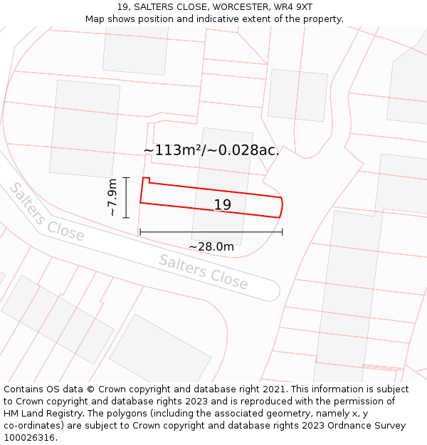 19, SALTERS CLOSE, WORCESTER, WR4 9XT: Plot and title map