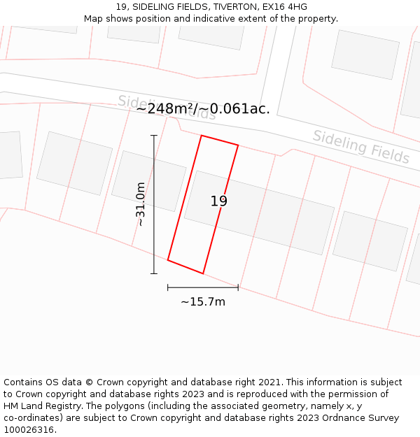 19, SIDELING FIELDS, TIVERTON, EX16 4HG: Plot and title map