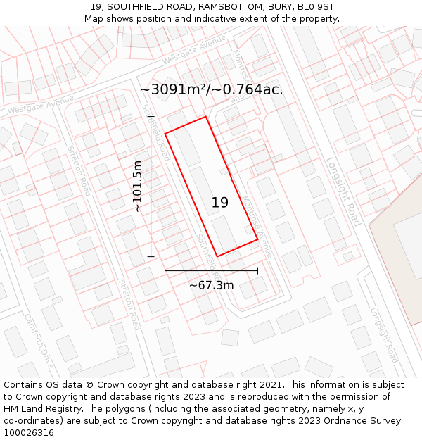 19, SOUTHFIELD ROAD, RAMSBOTTOM, BURY, BL0 9ST: Plot and title map