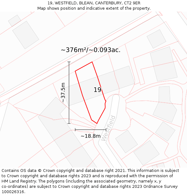 19, WESTFIELD, BLEAN, CANTERBURY, CT2 9ER: Plot and title map