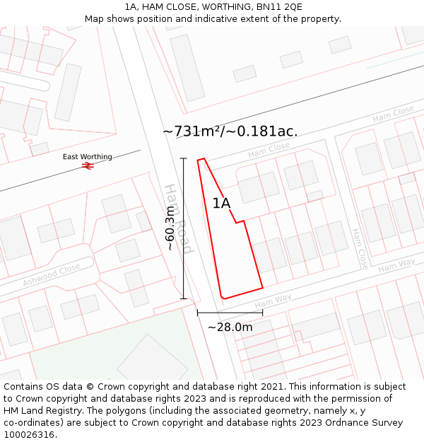 1A, HAM CLOSE, WORTHING, BN11 2QE: Plot and title map