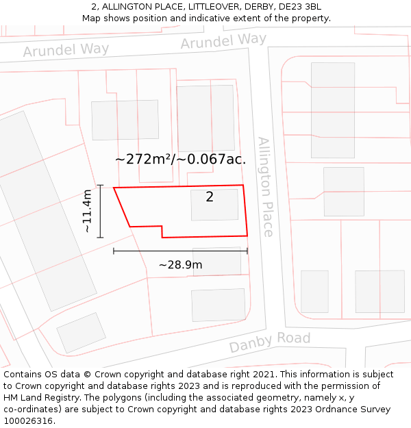 2, ALLINGTON PLACE, LITTLEOVER, DERBY, DE23 3BL: Plot and title map
