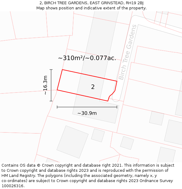 2, BIRCH TREE GARDENS, EAST GRINSTEAD, RH19 2BJ: Plot and title map