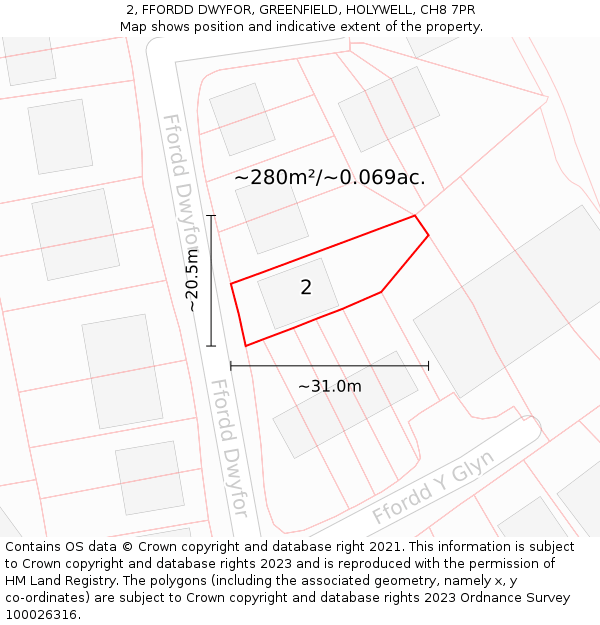 2, FFORDD DWYFOR, GREENFIELD, HOLYWELL, CH8 7PR: Plot and title map