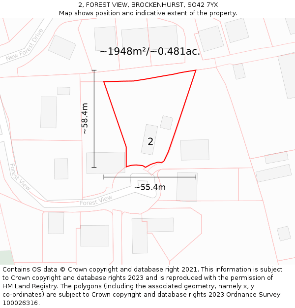 2, FOREST VIEW, BROCKENHURST, SO42 7YX: Plot and title map