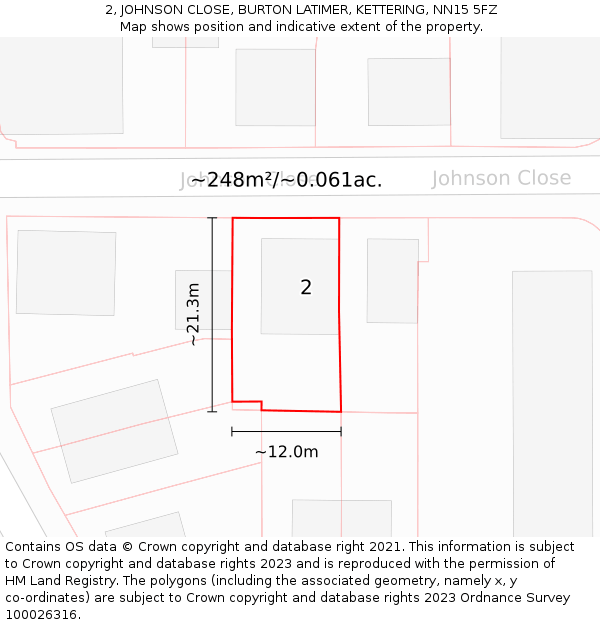 2, JOHNSON CLOSE, BURTON LATIMER, KETTERING, NN15 5FZ: Plot and title map