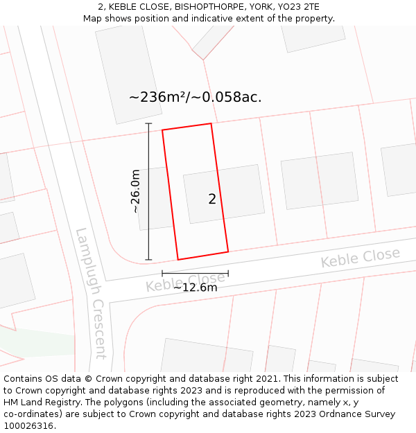 2, KEBLE CLOSE, BISHOPTHORPE, YORK, YO23 2TE: Plot and title map