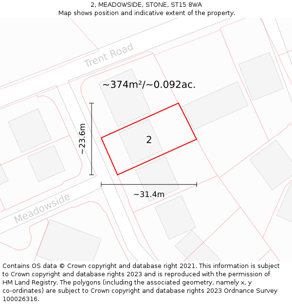 2, MEADOWSIDE, STONE, ST15 8WA: Plot and title map