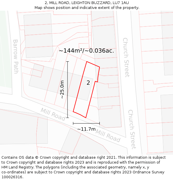 2, MILL ROAD, LEIGHTON BUZZARD, LU7 1AU: Plot and title map