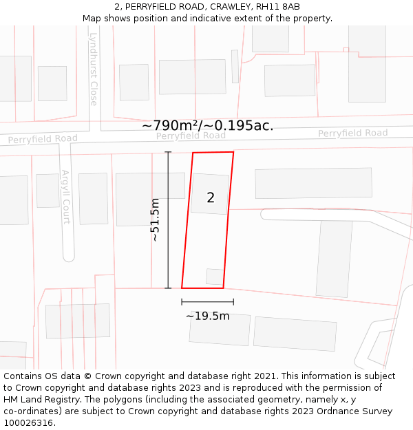 2, PERRYFIELD ROAD, CRAWLEY, RH11 8AB: Plot and title map