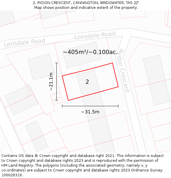 2, RYDON CRESCENT, CANNINGTON, BRIDGWATER, TA5 2JT: Plot and title map