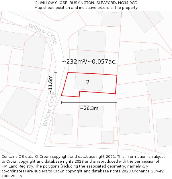 2, WILLOW CLOSE, RUSKINGTON, SLEAFORD, NG34 9GD: Plot and title map
