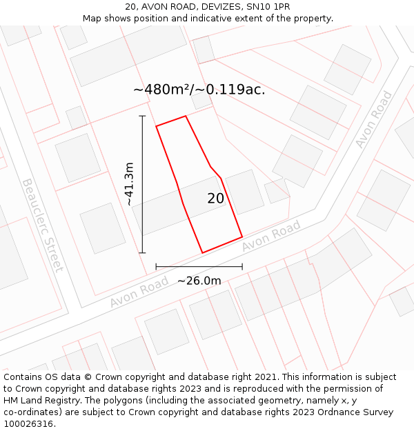 20, AVON ROAD, DEVIZES, SN10 1PR: Plot and title map