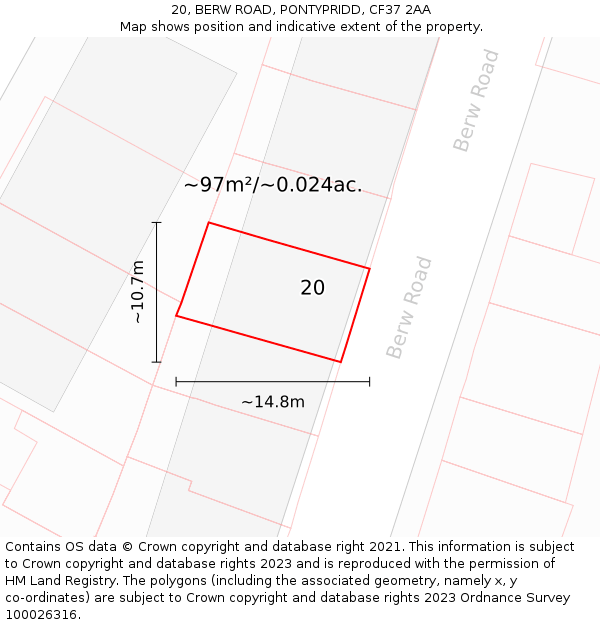 20, BERW ROAD, PONTYPRIDD, CF37 2AA: Plot and title map