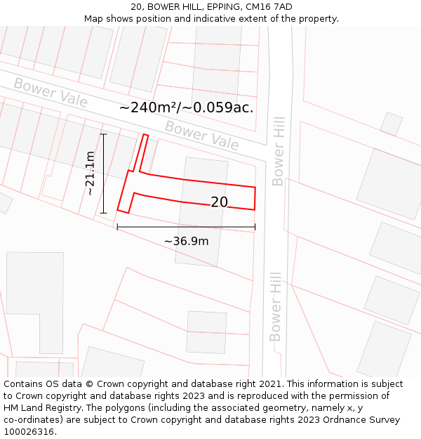 20, BOWER HILL, EPPING, CM16 7AD: Plot and title map