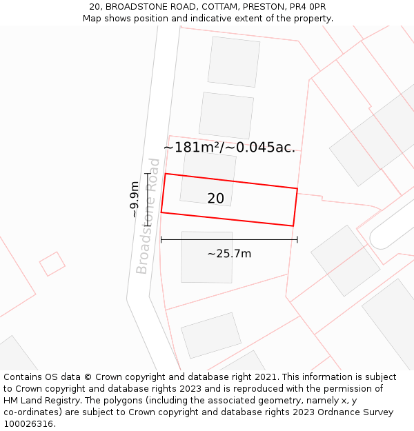 20, BROADSTONE ROAD, COTTAM, PRESTON, PR4 0PR: Plot and title map