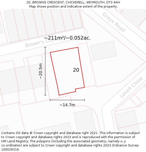 20, BROWNS CRESCENT, CHICKERELL, WEYMOUTH, DT3 4AH: Plot and title map