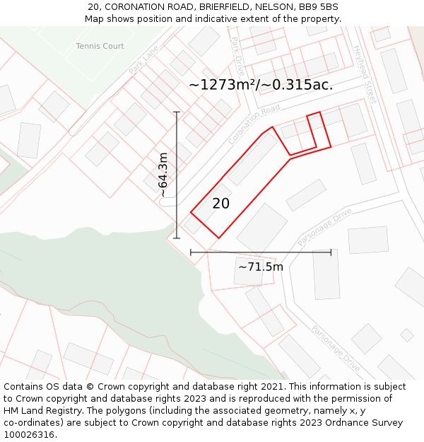 20, CORONATION ROAD, BRIERFIELD, NELSON, BB9 5BS: Plot and title map