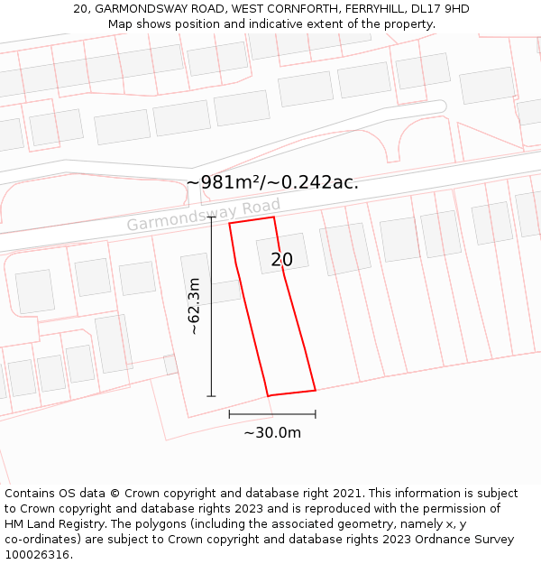 20, GARMONDSWAY ROAD, WEST CORNFORTH, FERRYHILL, DL17 9HD: Plot and title map