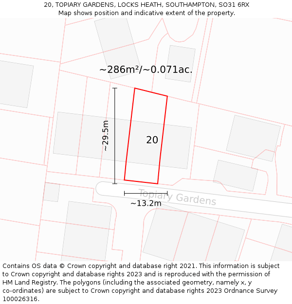 20, TOPIARY GARDENS, LOCKS HEATH, SOUTHAMPTON, SO31 6RX: Plot and title map