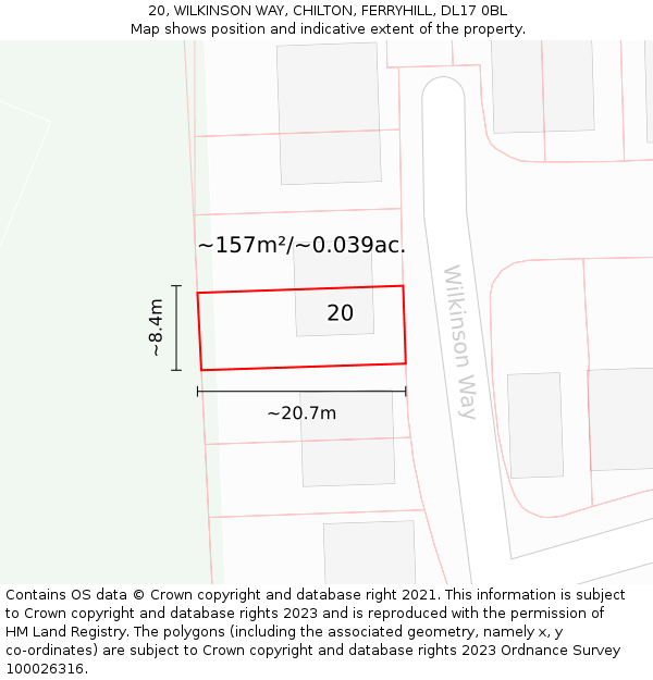 20, WILKINSON WAY, CHILTON, FERRYHILL, DL17 0BL: Plot and title map