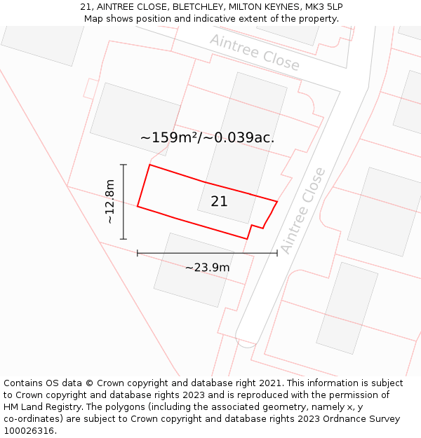 21, AINTREE CLOSE, BLETCHLEY, MILTON KEYNES, MK3 5LP: Plot and title map