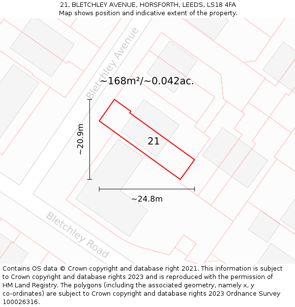 21, BLETCHLEY AVENUE, HORSFORTH, LEEDS, LS18 4FA: Plot and title map