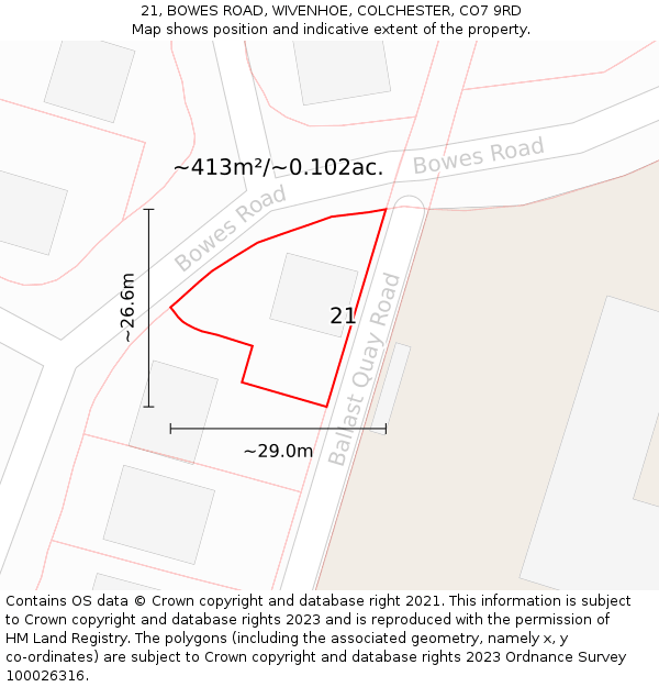 21, BOWES ROAD, WIVENHOE, COLCHESTER, CO7 9RD: Plot and title map