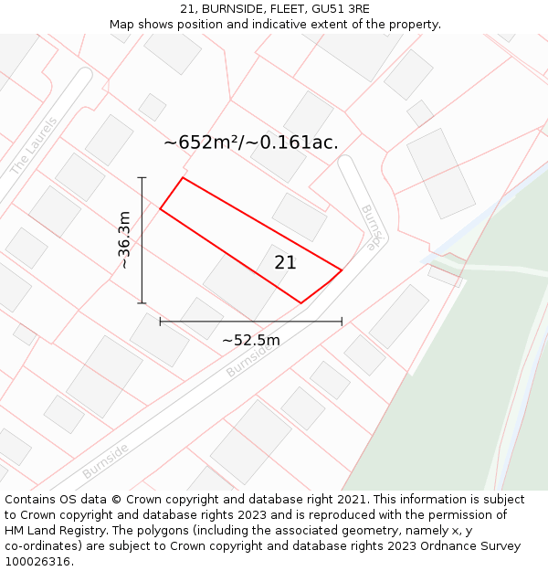 21, BURNSIDE, FLEET, GU51 3RE: Plot and title map
