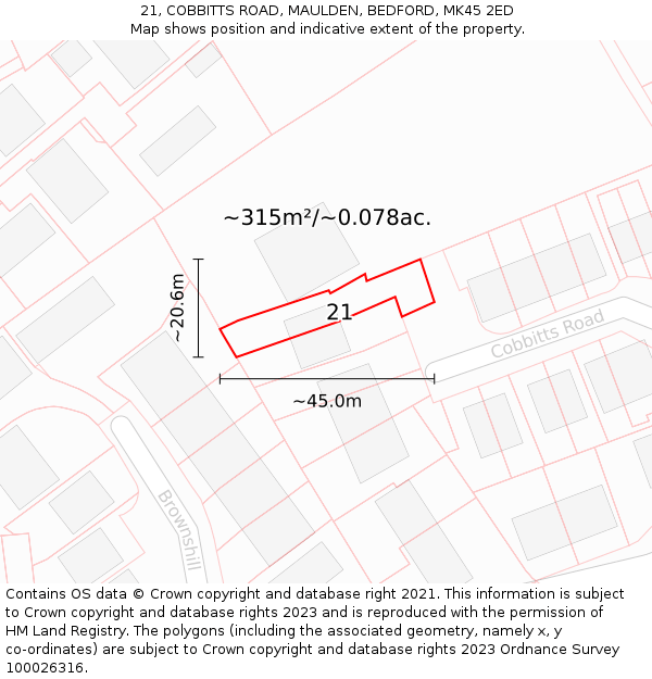 21, COBBITTS ROAD, MAULDEN, BEDFORD, MK45 2ED: Plot and title map