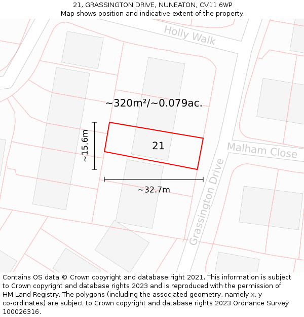 21, GRASSINGTON DRIVE, NUNEATON, CV11 6WP: Plot and title map