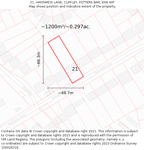 21, HANYARDS LANE, CUFFLEY, POTTERS BAR, EN6 4AT: Plot and title map