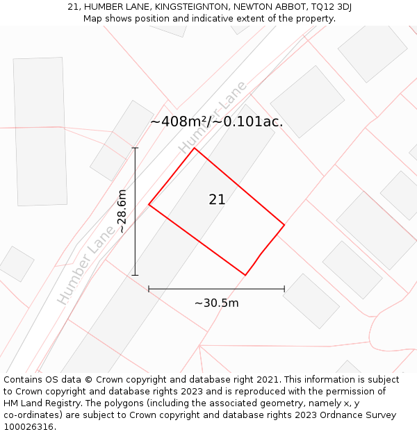 21, HUMBER LANE, KINGSTEIGNTON, NEWTON ABBOT, TQ12 3DJ: Plot and title map