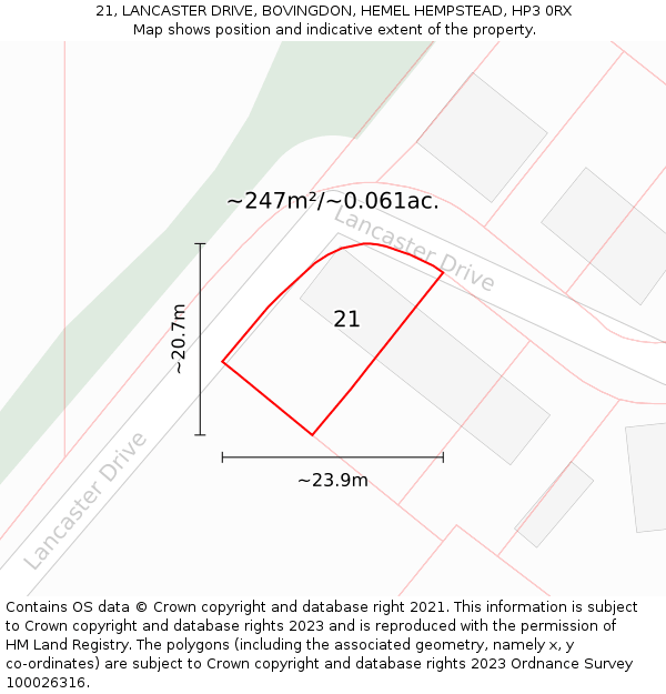 21, LANCASTER DRIVE, BOVINGDON, HEMEL HEMPSTEAD, HP3 0RX: Plot and title map