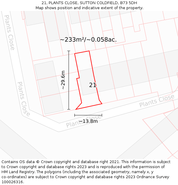 21, PLANTS CLOSE, SUTTON COLDFIELD, B73 5DH: Plot and title map