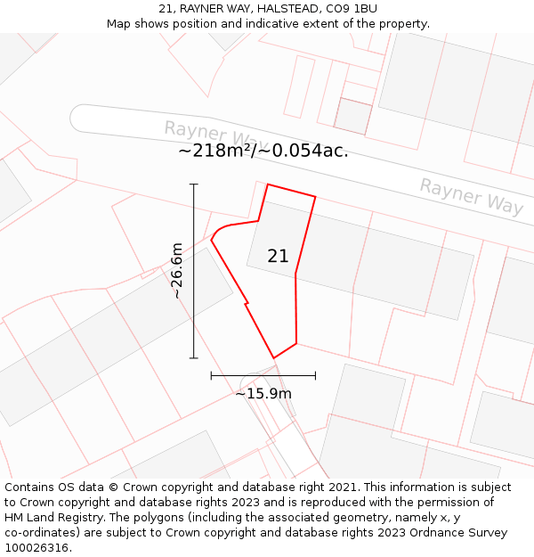21, RAYNER WAY, HALSTEAD, CO9 1BU: Plot and title map