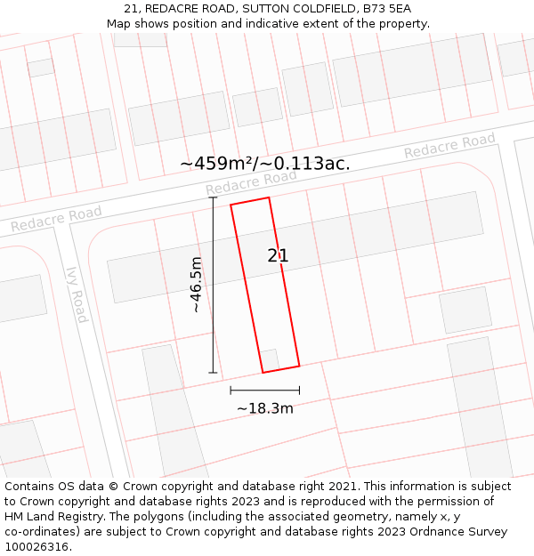 21, REDACRE ROAD, SUTTON COLDFIELD, B73 5EA: Plot and title map