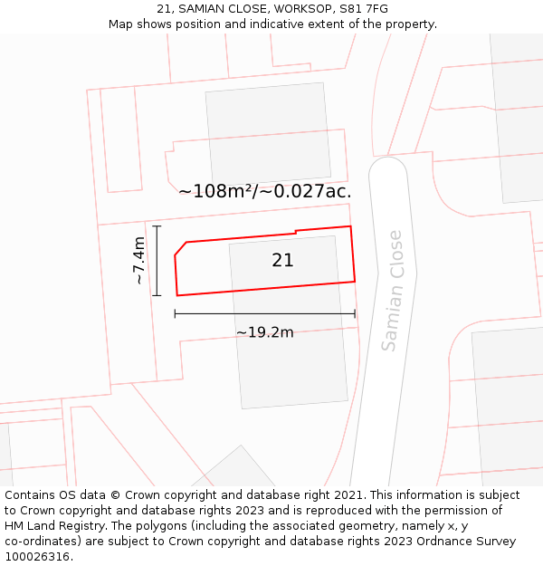21, SAMIAN CLOSE, WORKSOP, S81 7FG: Plot and title map