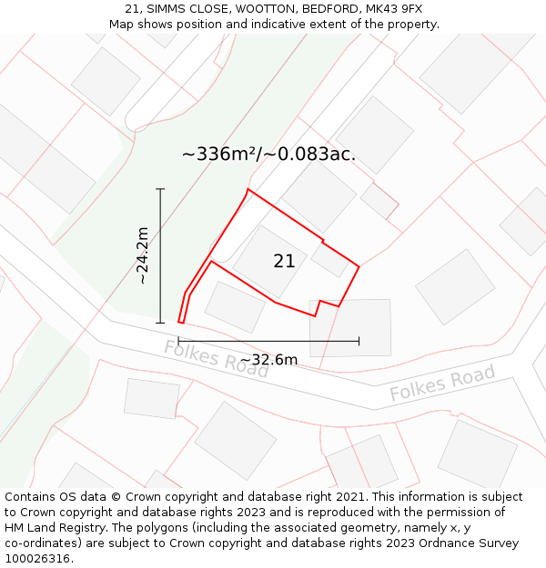21, SIMMS CLOSE, WOOTTON, BEDFORD, MK43 9FX: Plot and title map
