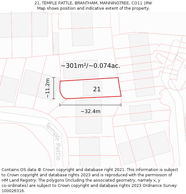 21, TEMPLE PATTLE, BRANTHAM, MANNINGTREE, CO11 1RW: Plot and title map