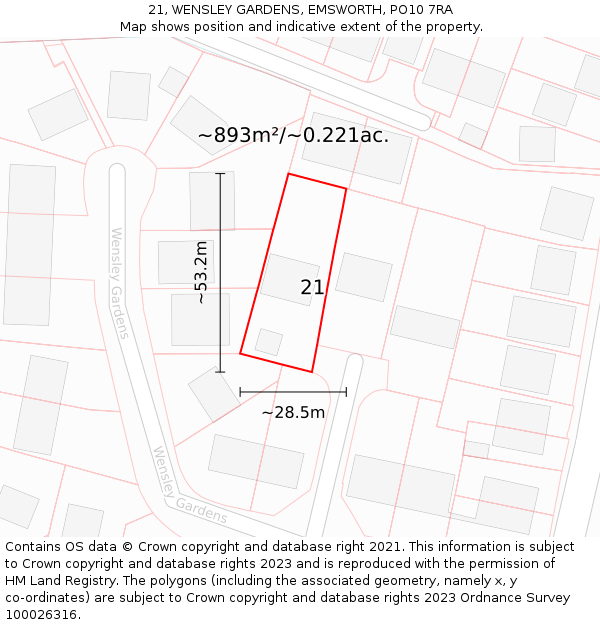 21, WENSLEY GARDENS, EMSWORTH, PO10 7RA: Plot and title map