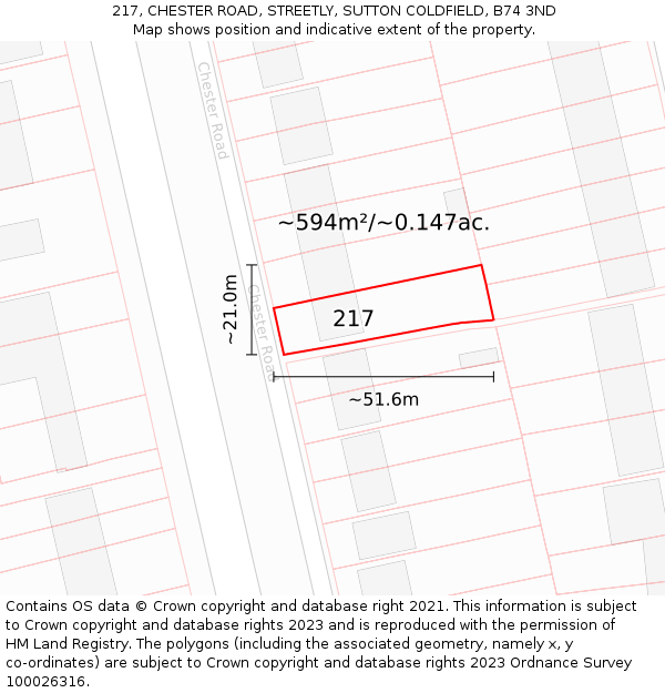 217, CHESTER ROAD, STREETLY, SUTTON COLDFIELD, B74 3ND: Plot and title map