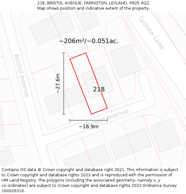 218, BRISTOL AVENUE, FARINGTON, LEYLAND, PR25 4QZ: Plot and title map