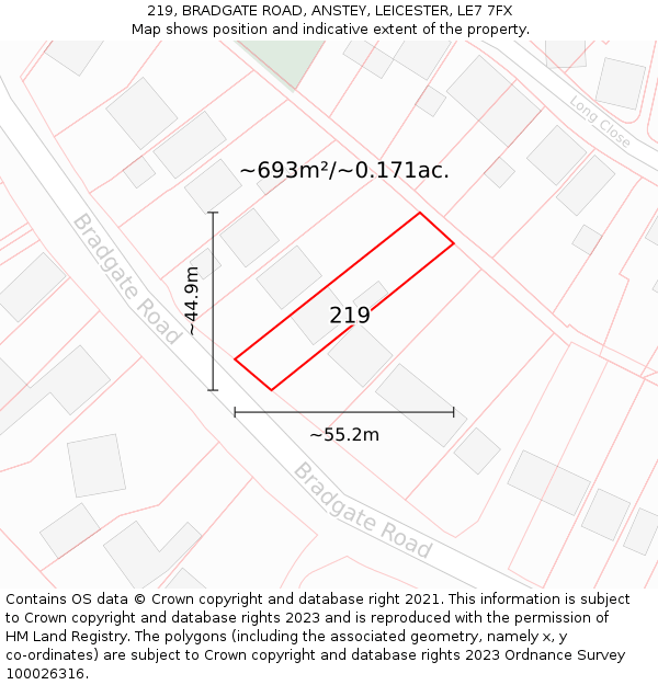 219, BRADGATE ROAD, ANSTEY, LEICESTER, LE7 7FX: Plot and title map