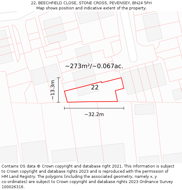 22, BEECHFIELD CLOSE, STONE CROSS, PEVENSEY, BN24 5FH: Plot and title map