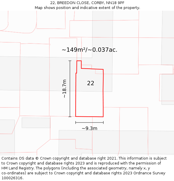 22, BREEDON CLOSE, CORBY, NN18 9PF: Plot and title map